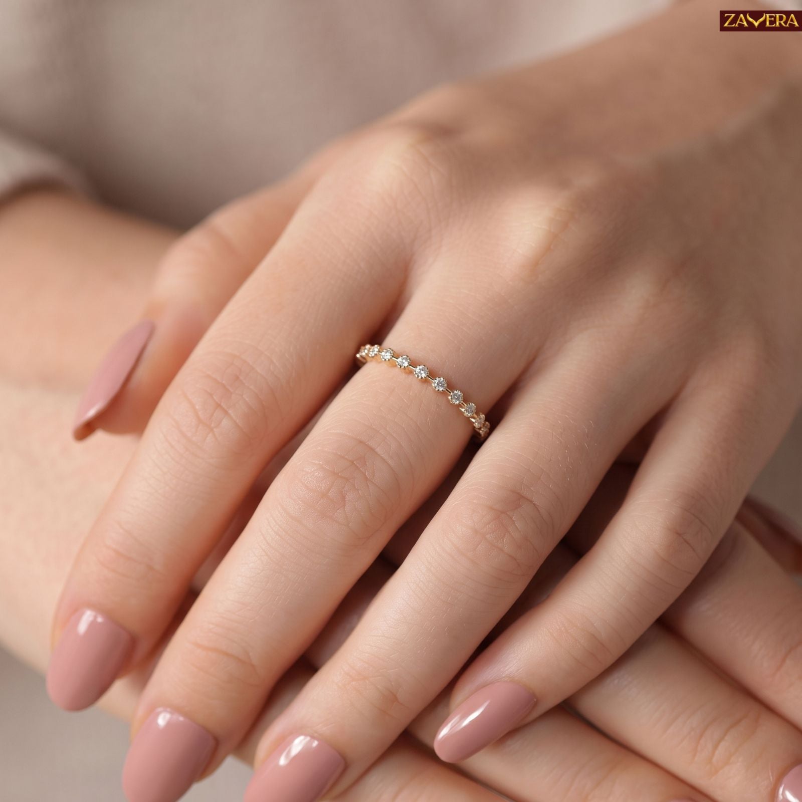 Zavera Brass 22K Delicate Diamond Band Gold Plated Adjustable Ring For Women