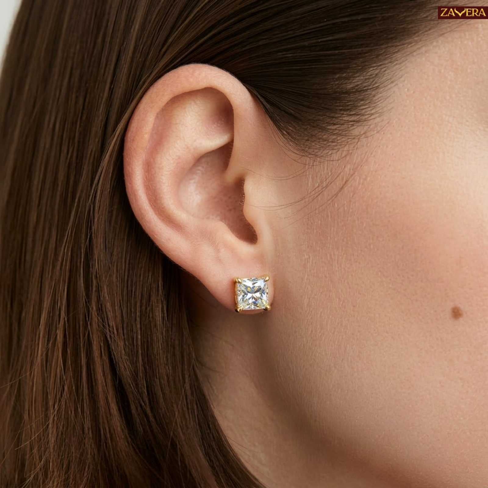Zavera Princess Solitaire Gold Plated Stud Earrings