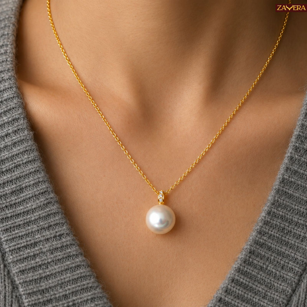Zavera Gold Plated Classic Pearl Pendant For Women