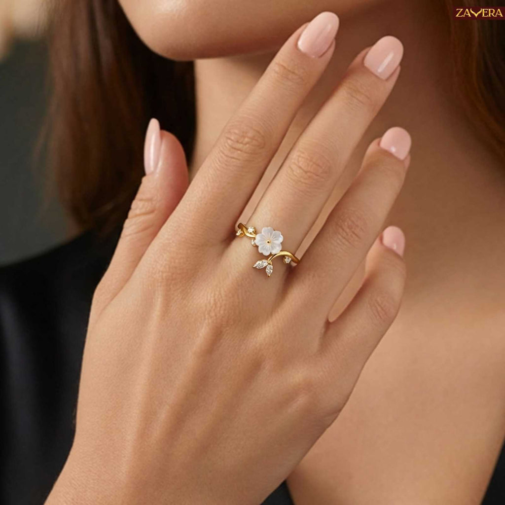 Zavera Gold Plated Pearl Flower Adjustable Ring