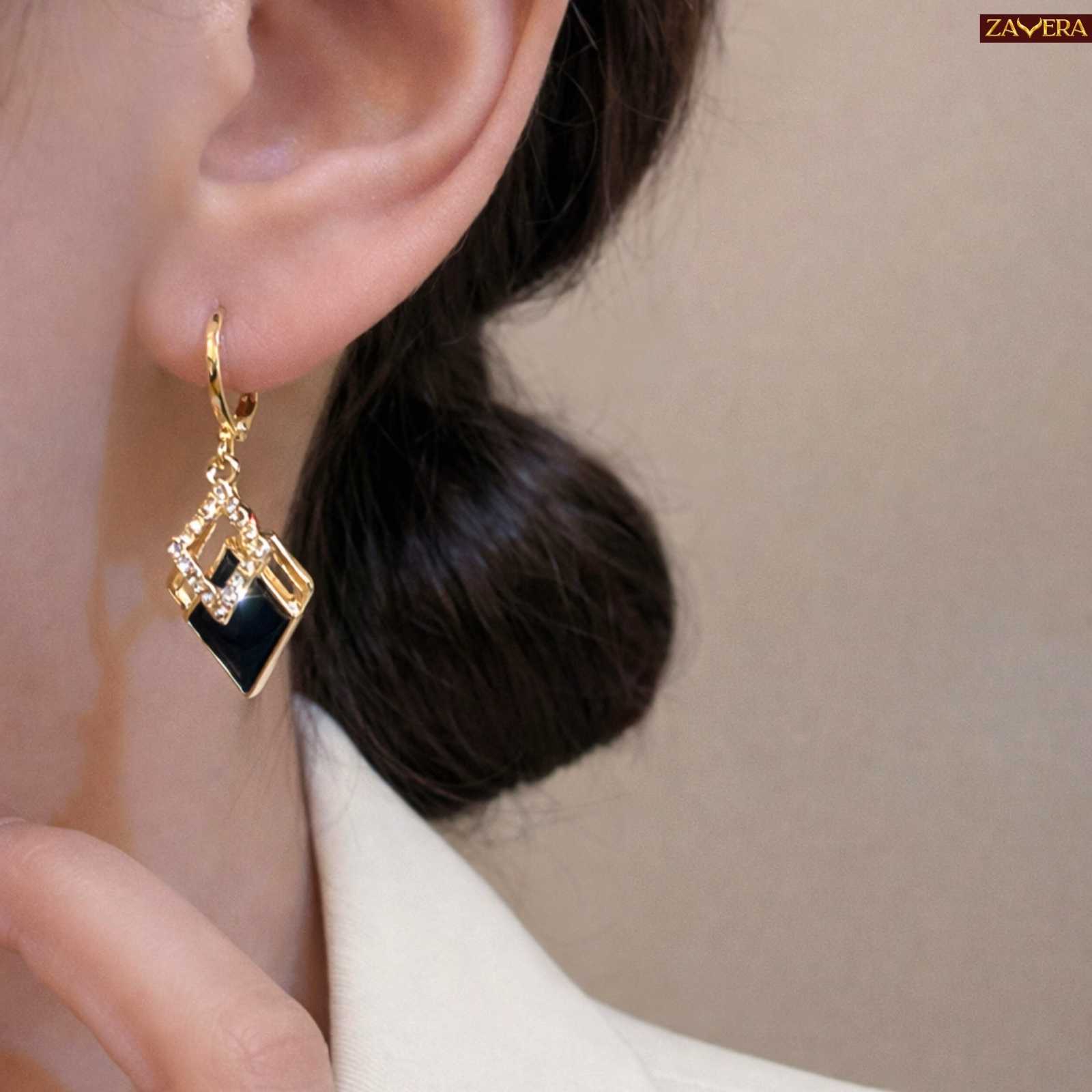 Black Enamel Square Gold Plated Earrings For Women