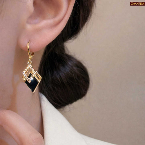 Black Enamel Square Gold Plated Earrings For Women
