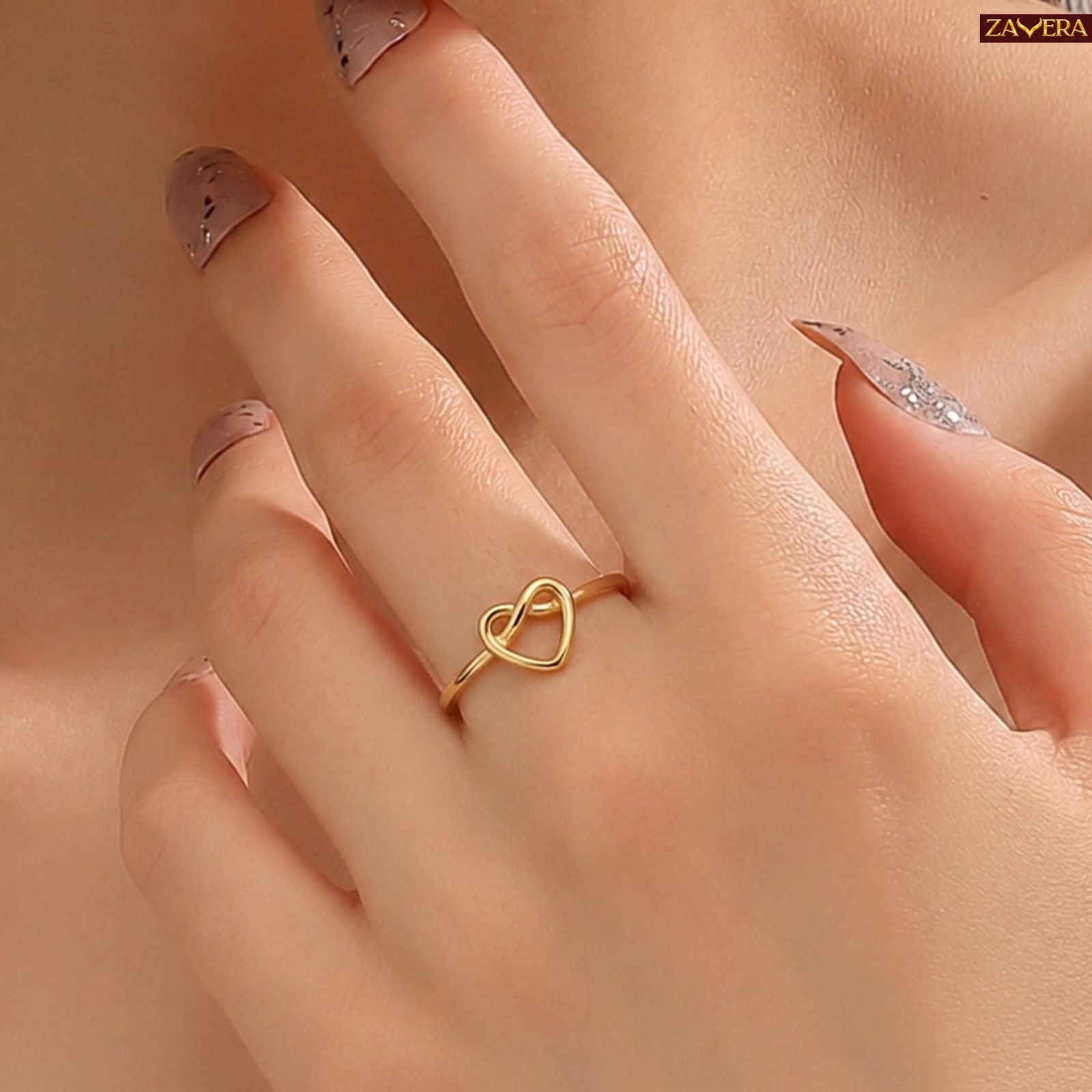 Zavera Brass 22K  Love Knot Heart Gold Plated Ring For Women
