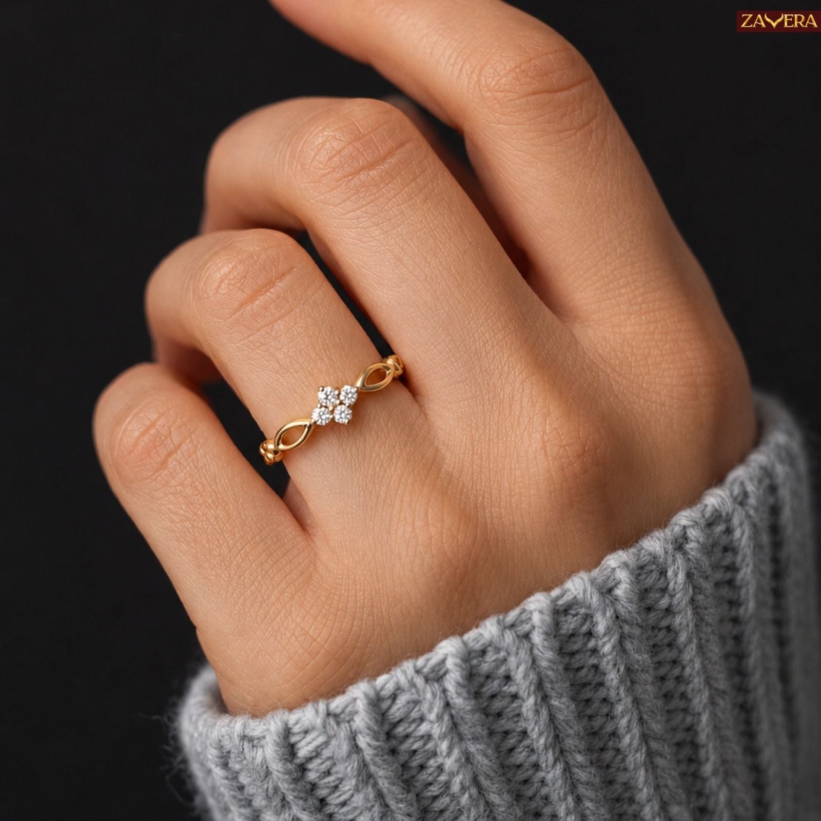Zavera Brass 22K Adjustable Floral Halo American Diamond Gold Plated Ring For Women