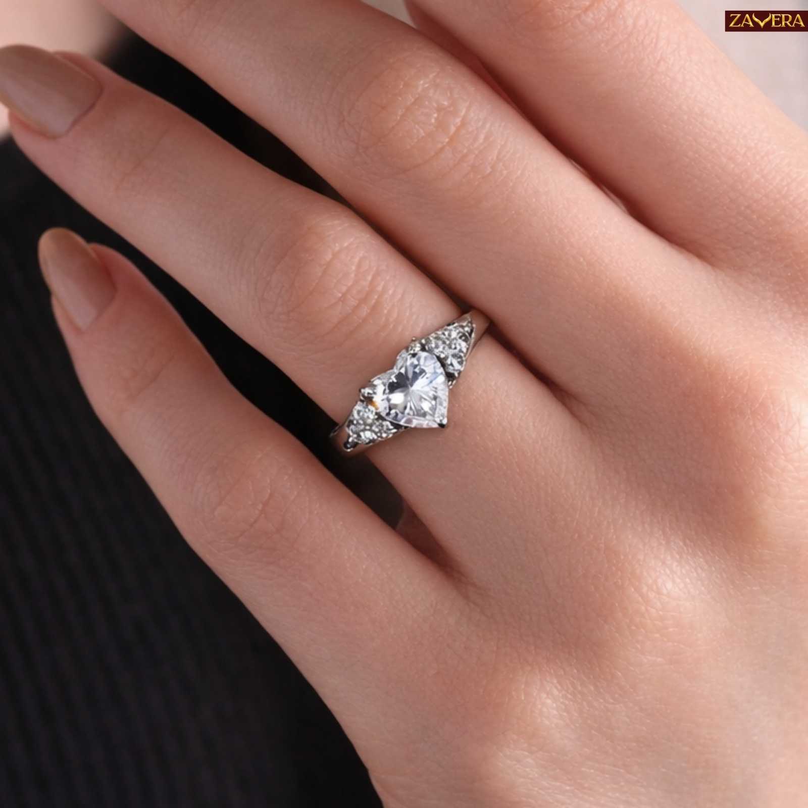 Zavera Silver Plated Heart Cut Sparkle Adjustable Ring