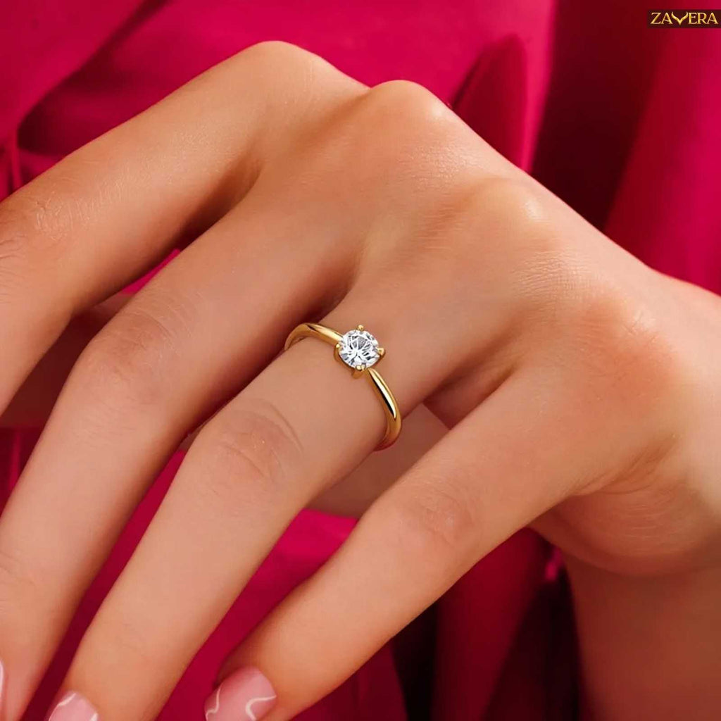 Zavera Gold Plated Classic Round Stone Adjustable Ring