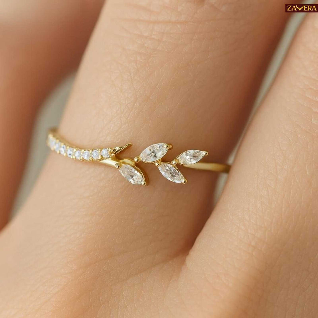 Zavera Gold Plated Crystal Leaf Adjustable Ring