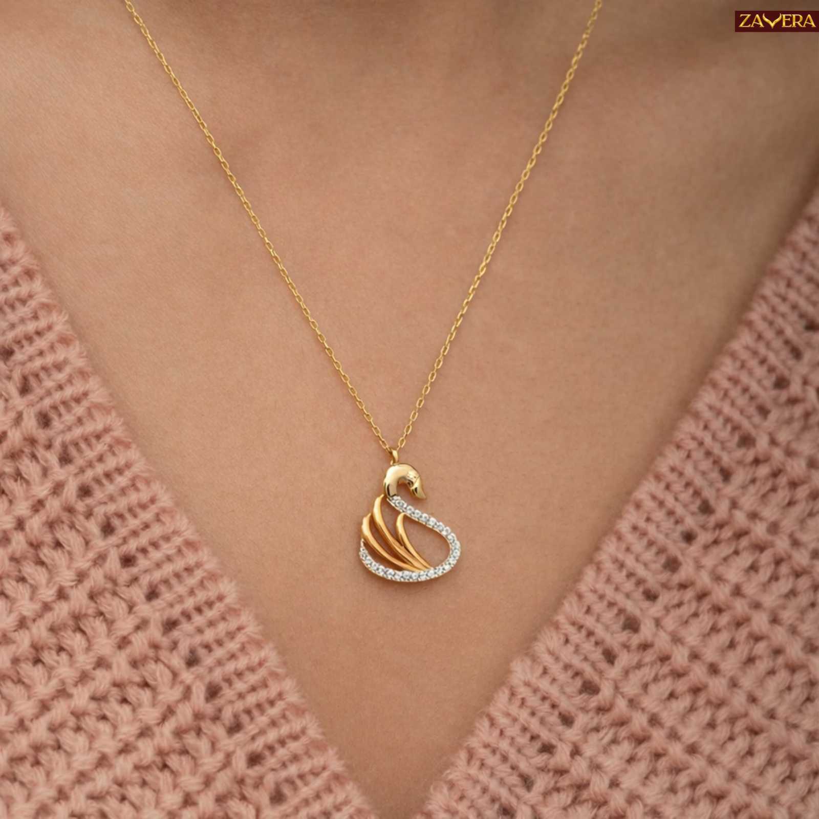 Zavera Swan Design Diamond Gold Plated Pendant