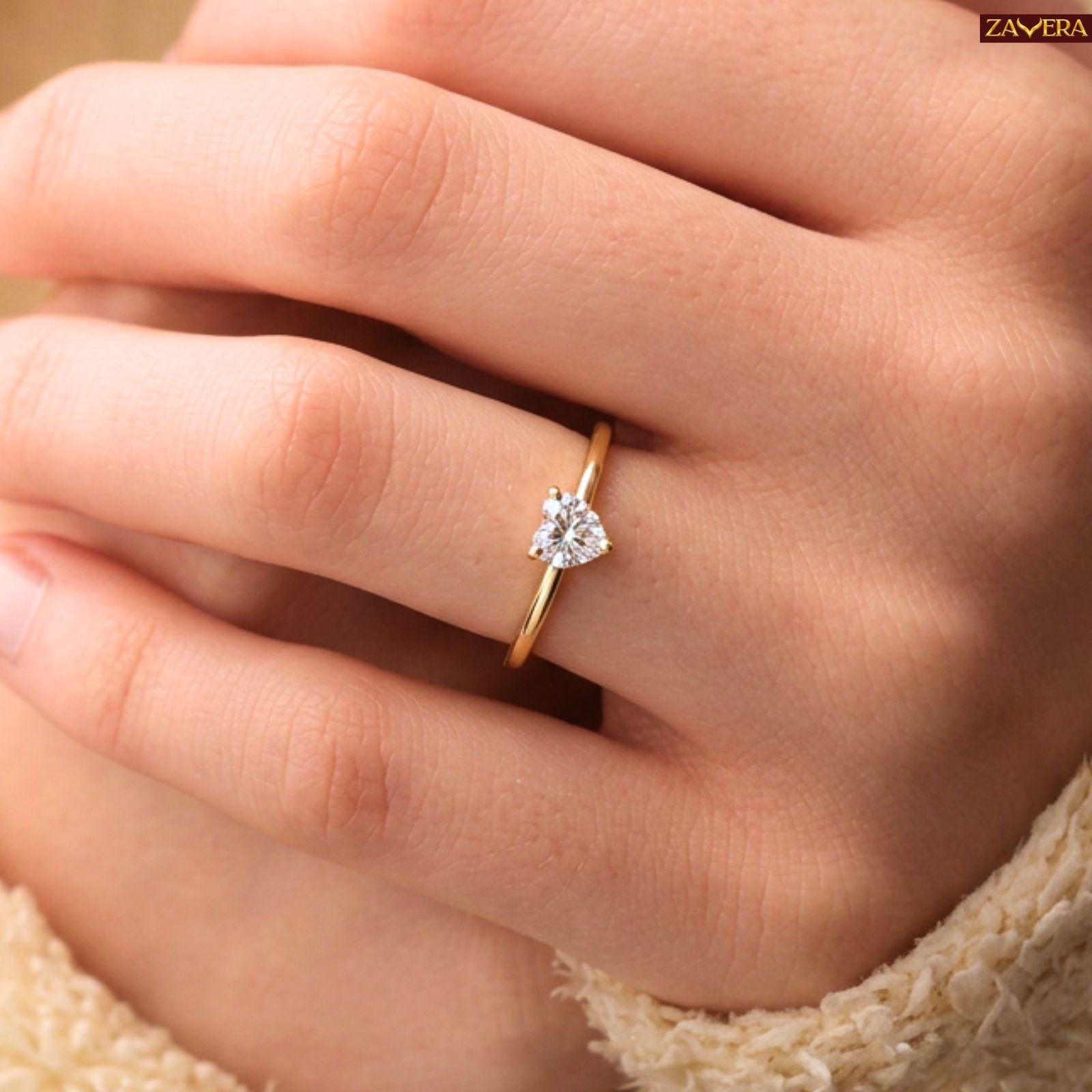 Zavera Brass 22K Heart Shape Solitaire Gold Plated Ring For Women