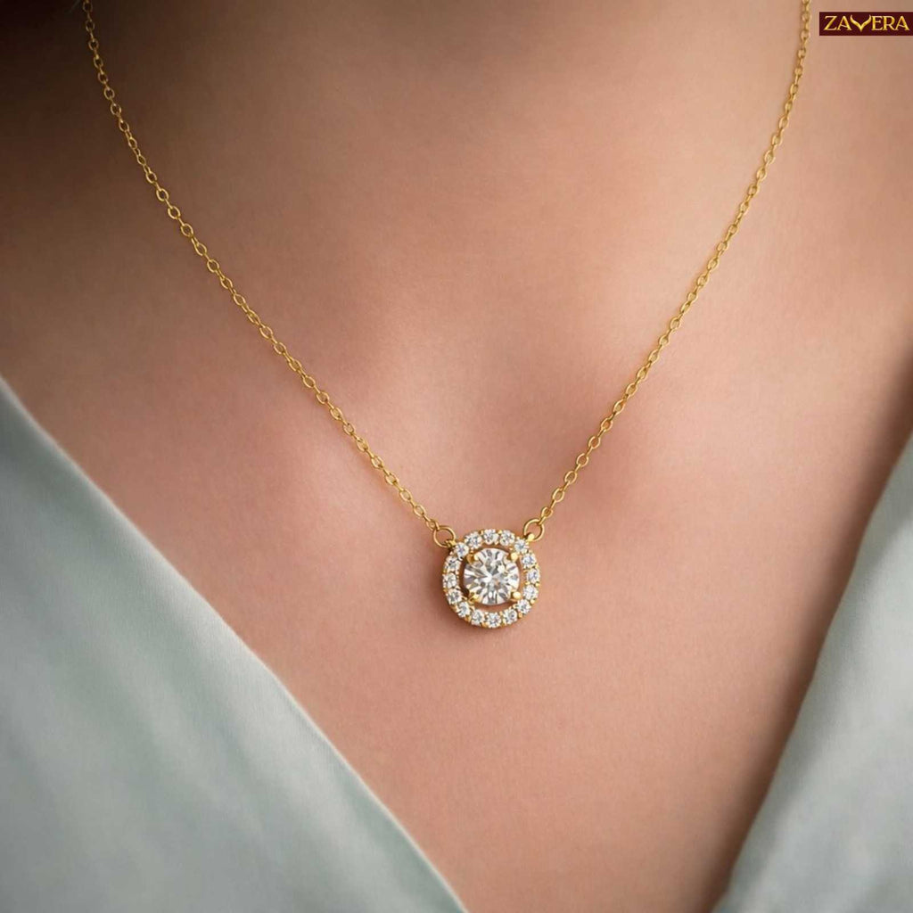 Gold Plated Halo American Diamond Pendant Necklace for Women