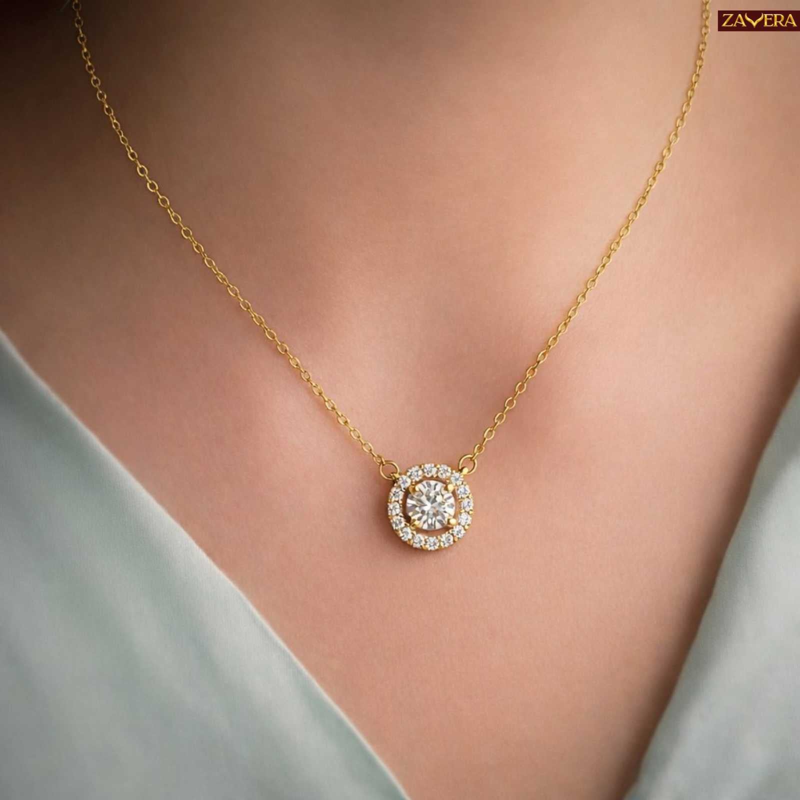 Gold Plated Halo American Diamond Pendant Necklace for Women