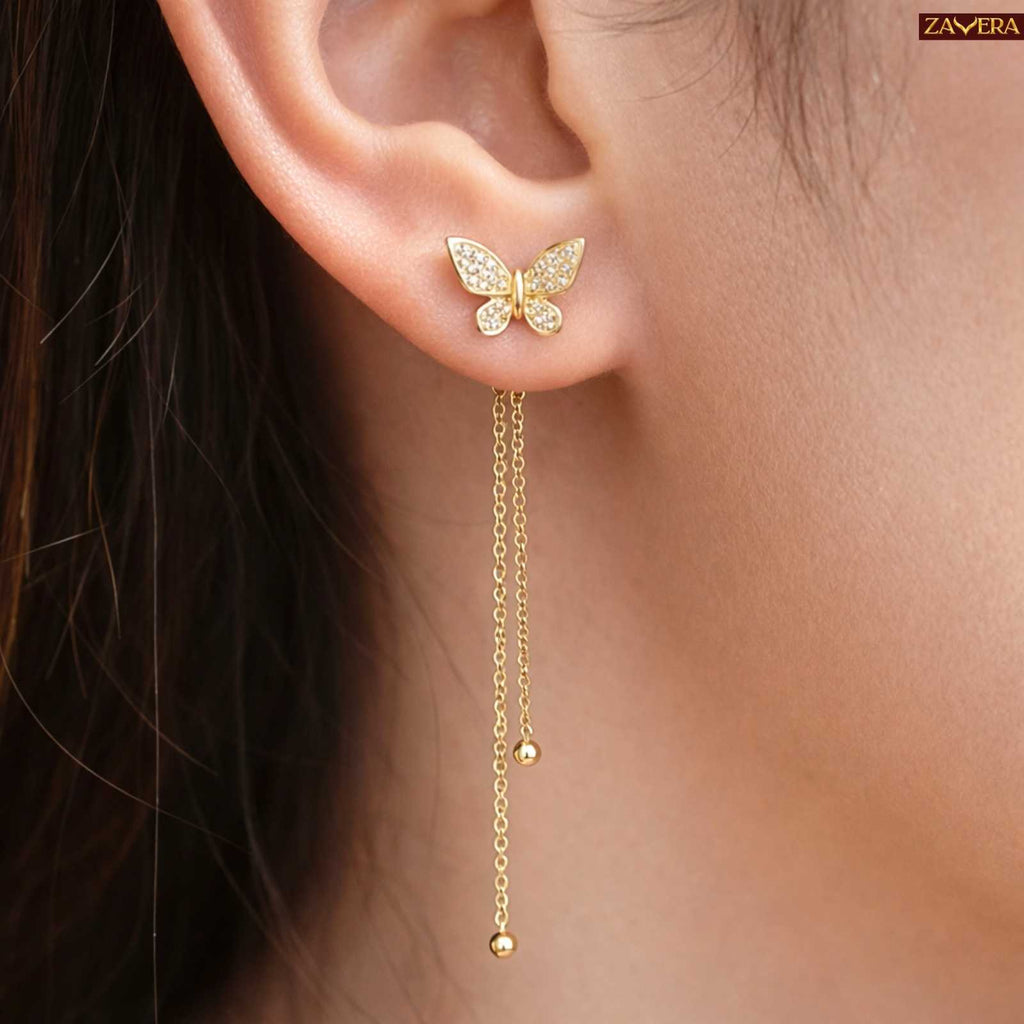 Butterfly Gold Plated Tassel Drop Earrings For Women