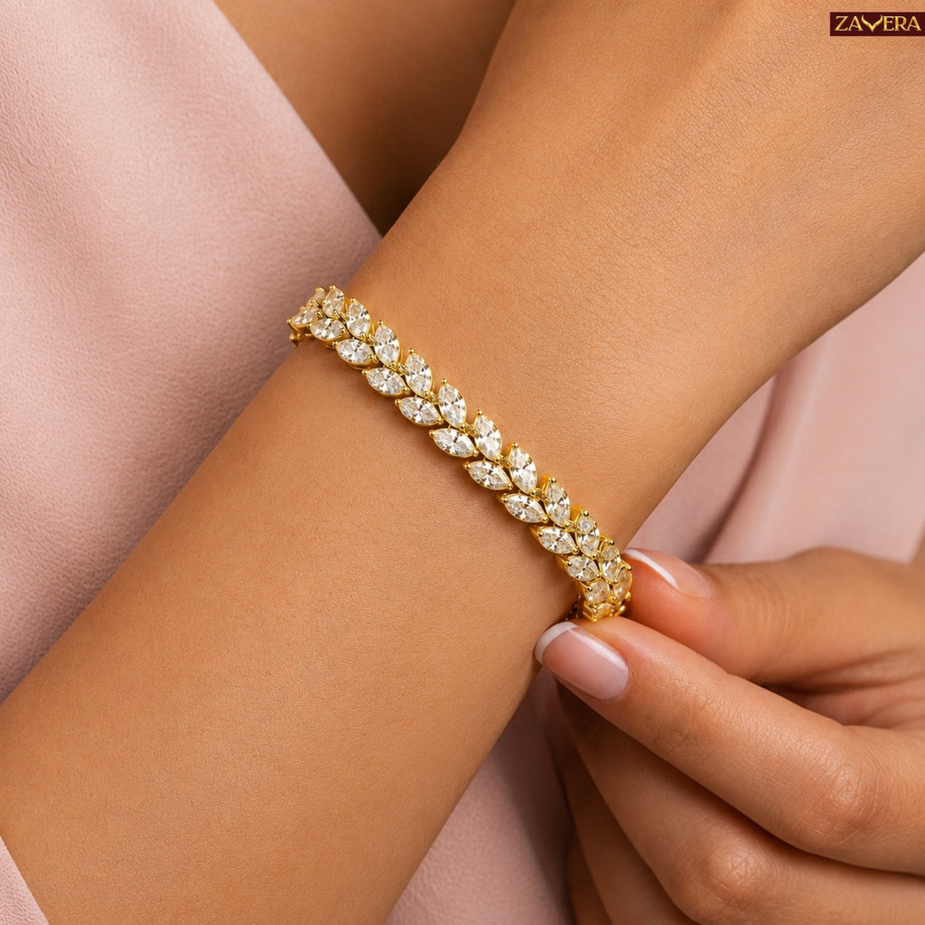 Zavera Gold Plated Marquise CZ Crystal Leaf Laurel Tennis Bracelet for Women