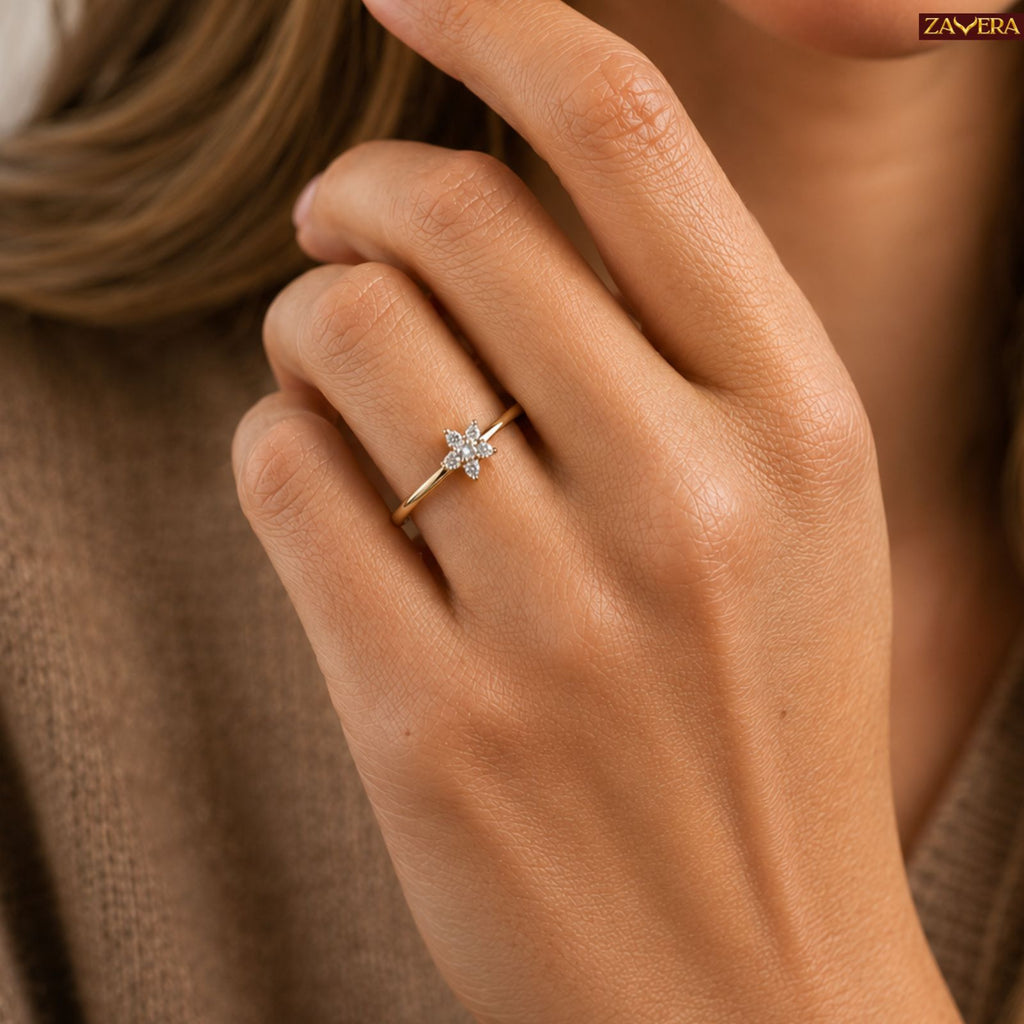 Zavera Brass 22K Floral Cluster Gold Plated Adjustable Ring For Women