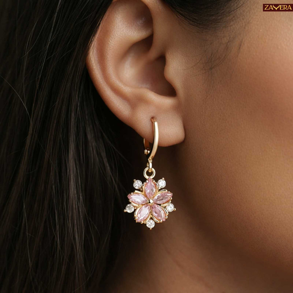 Pink Crystal Flower Gold Plated Drop Earrings For Women