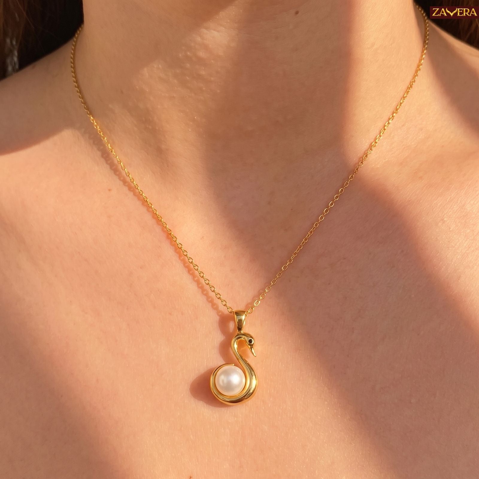 Zavera Gold Plated Swan Pearl Pendant For Women