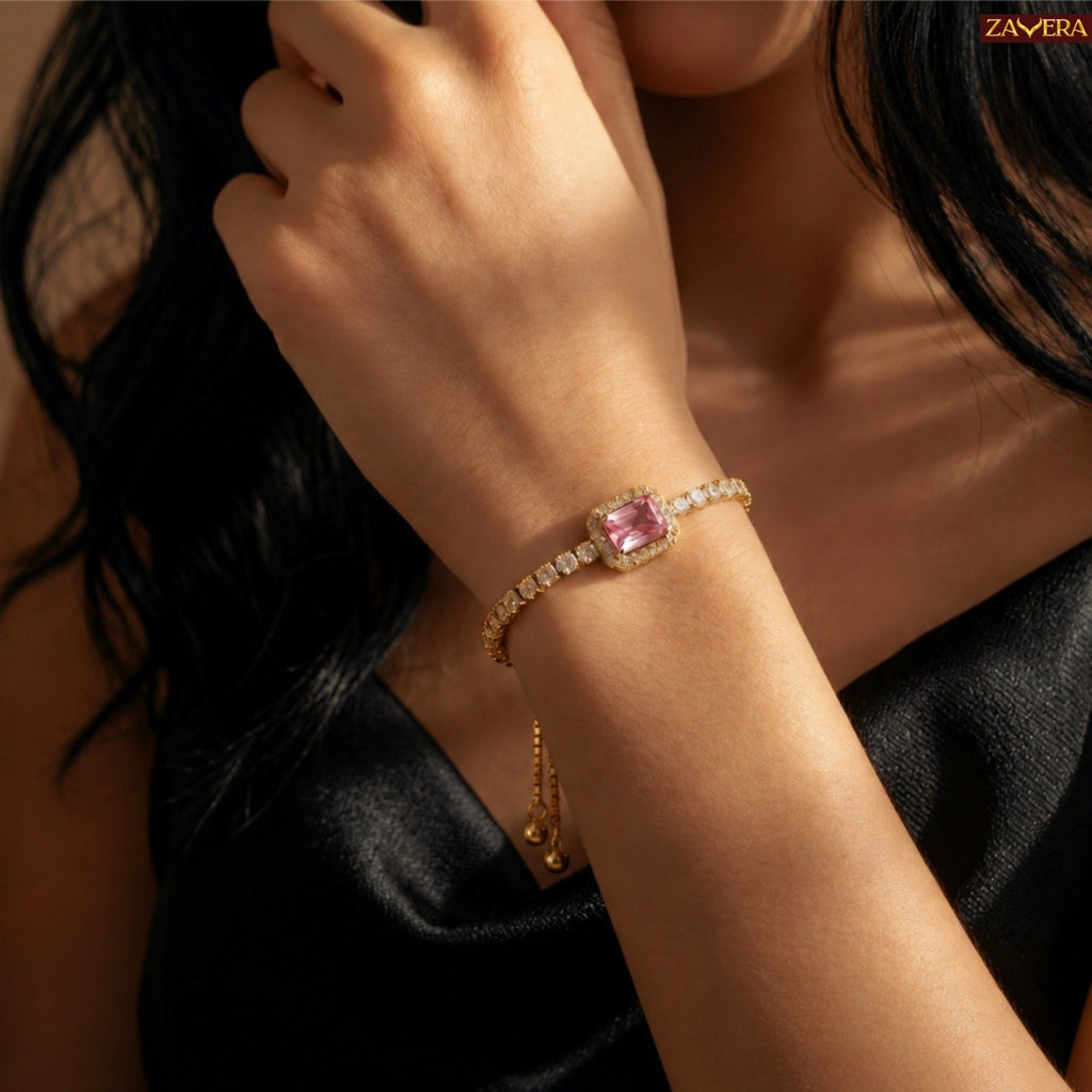Zavera Gold Plated Pink Gemstone Bracelet for Women