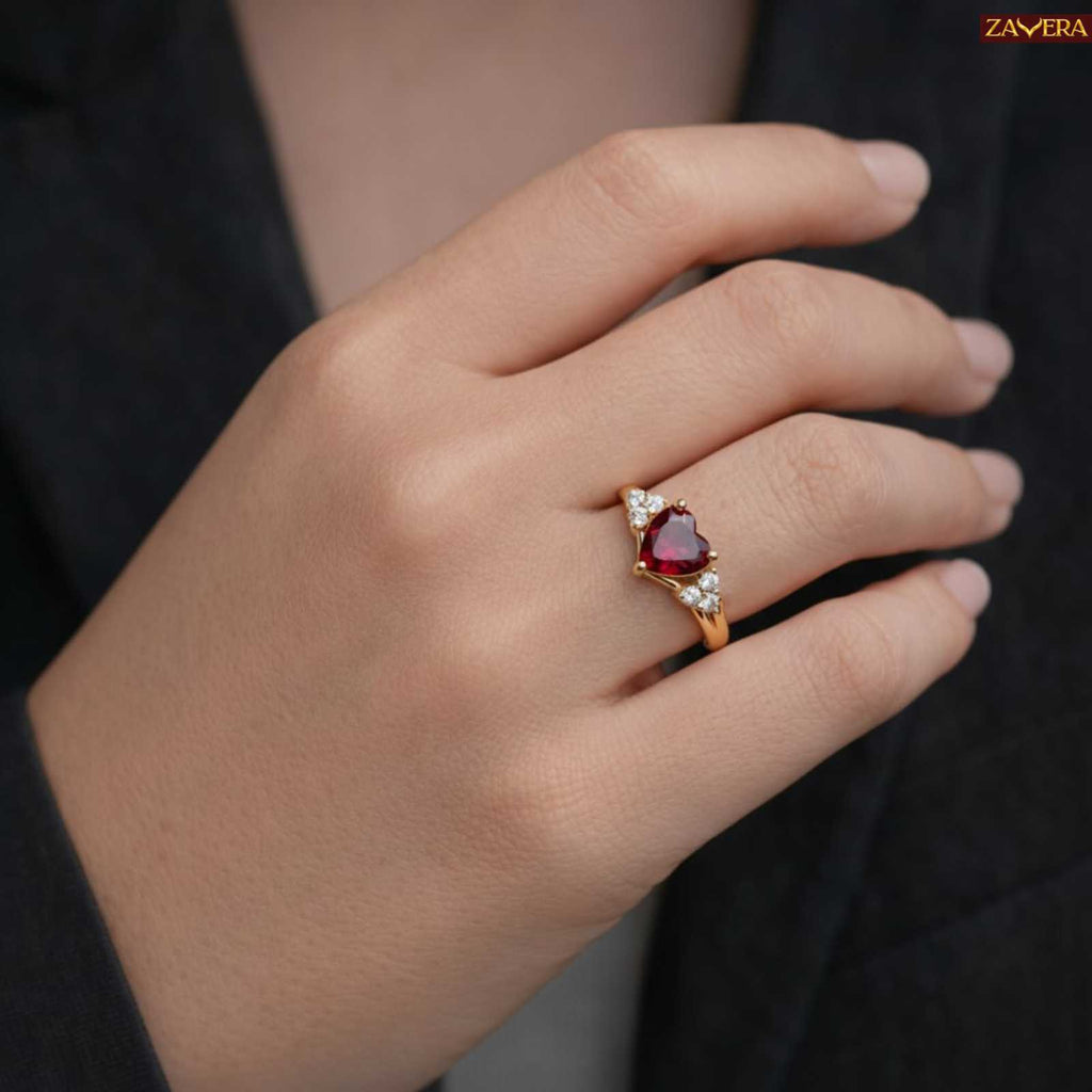 Zavera Gold Plated Ruby Heart Halo Adjustable Ring