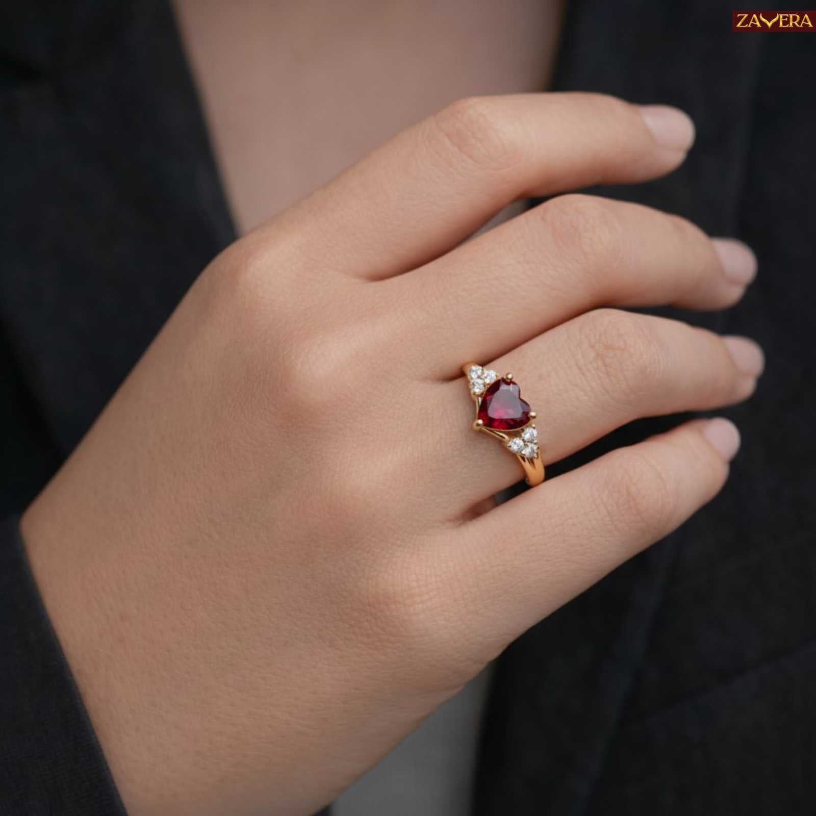 Zavera Gold Plated Ruby Heart Halo Adjustable Ring