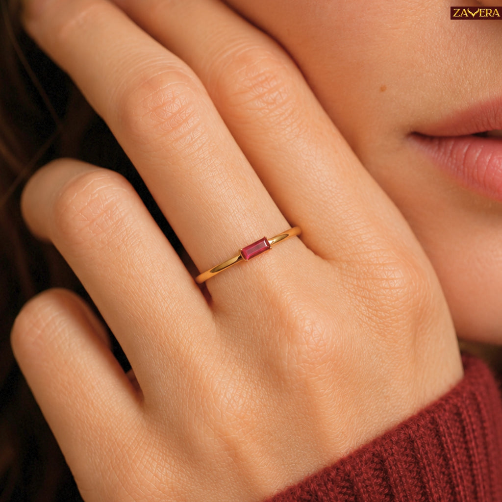Zavera Brass 22K Baguette Cut Gold Plated Ring For Women