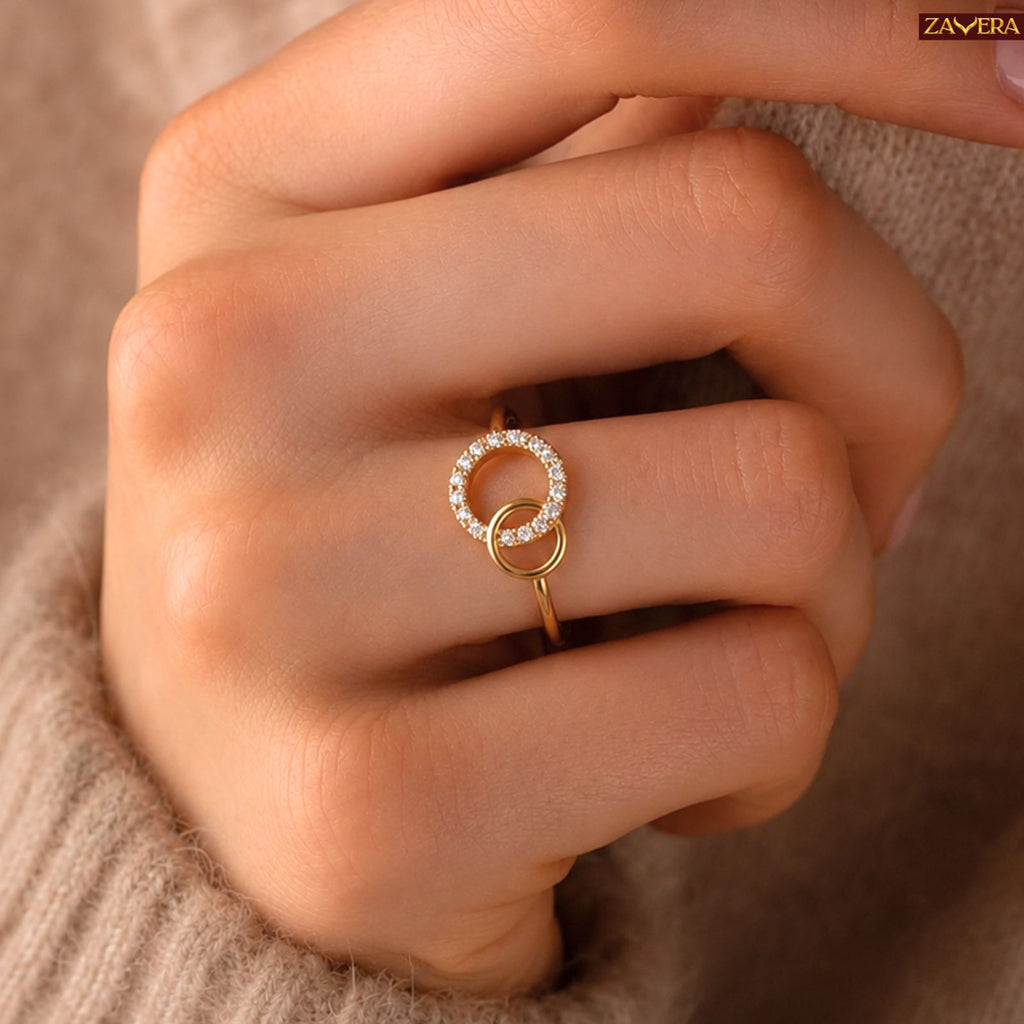 Zavera Brass 22K Infinity Inspired Linked Circle Solitaire Gold Plated Ring For Women