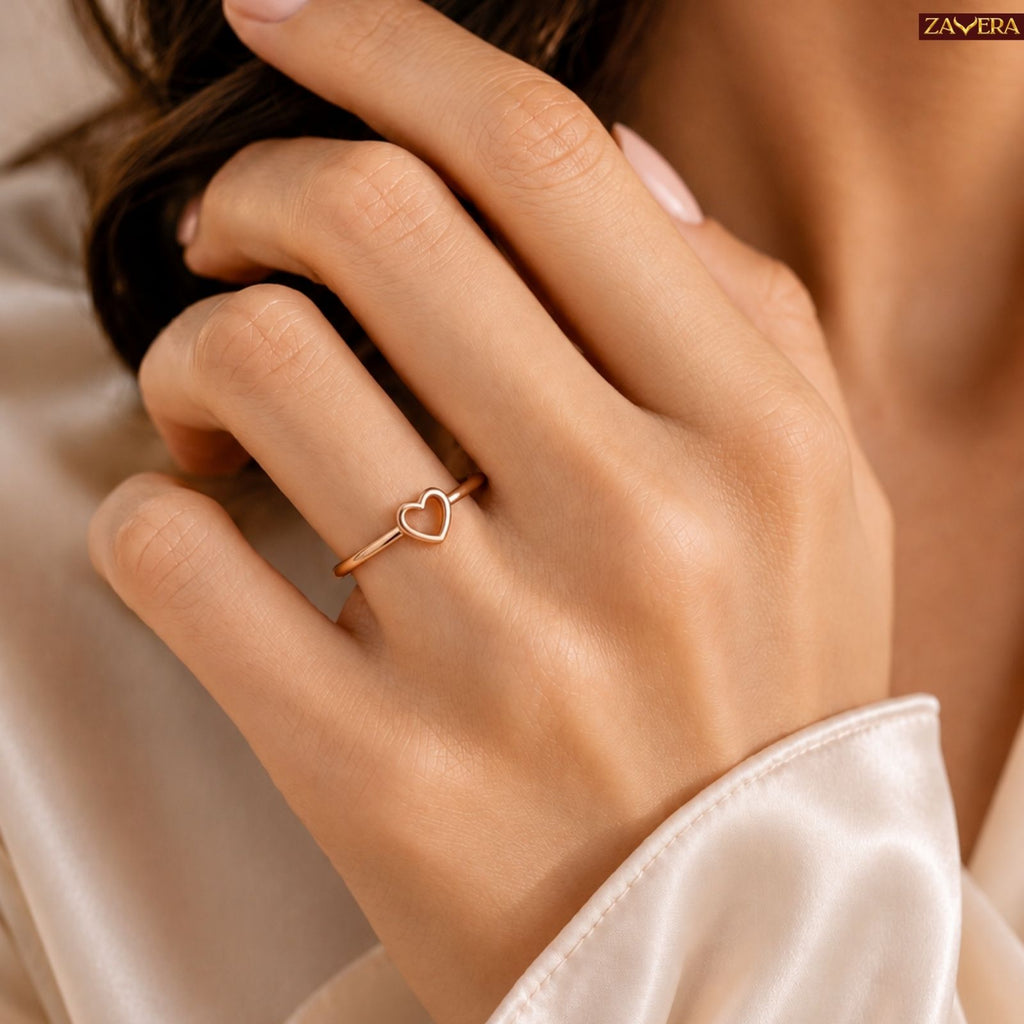 Zavera Brass 22K Open Heart Gold Plated Adjustable Ring For Women