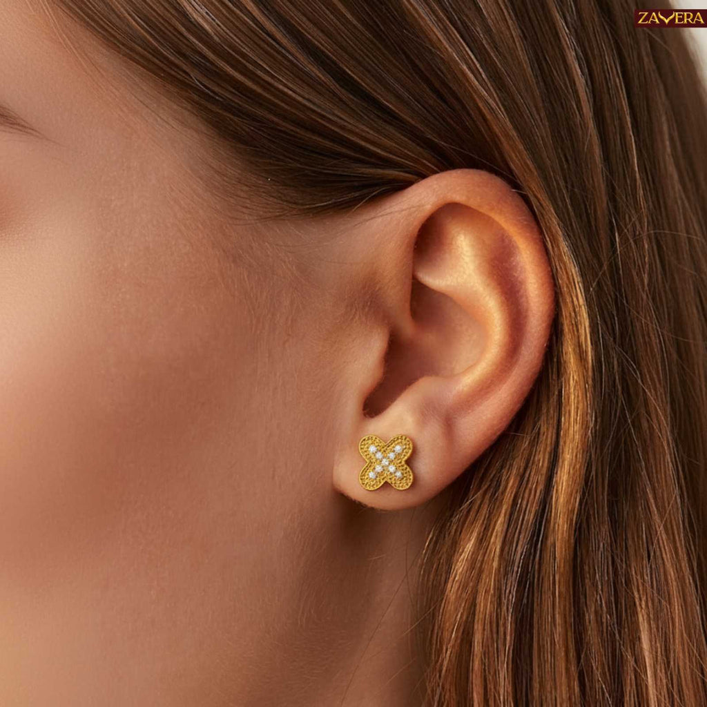 Zavera Floral Stud Diamond Gold Plated Earrings
