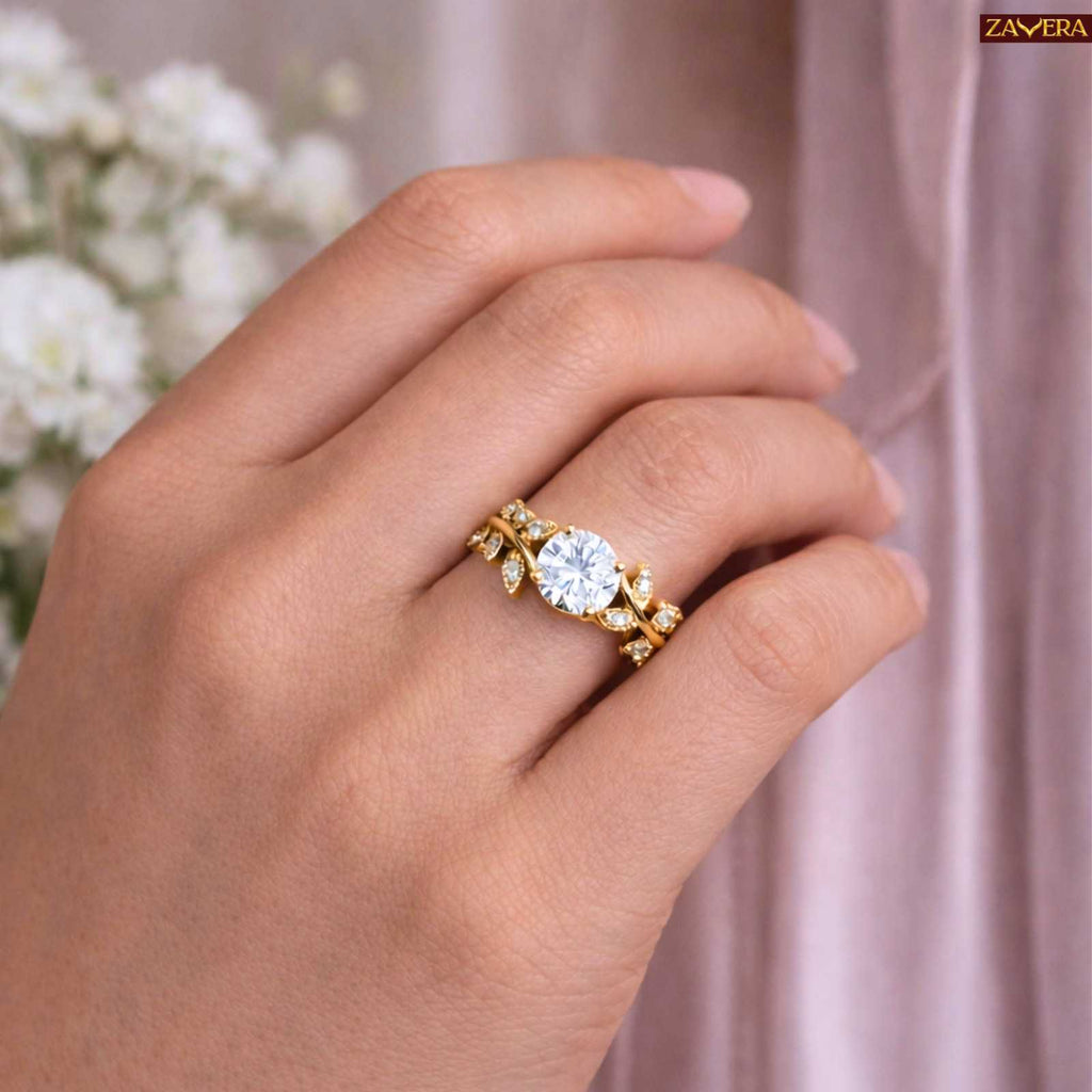 Zavera Gold Plated Leaf Vine Solitaire Adjustable Ring