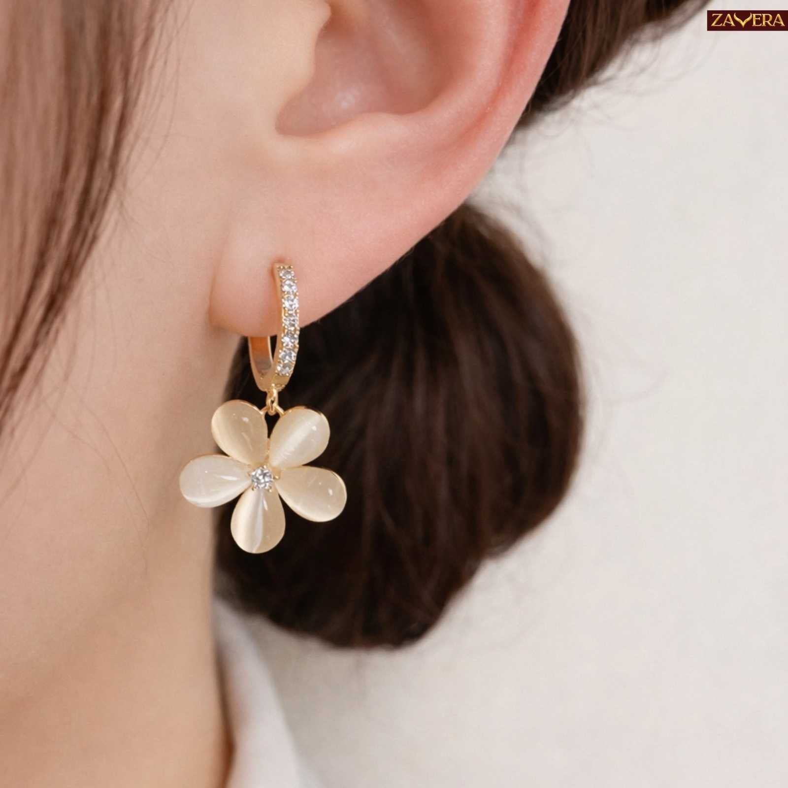 Cute Opal Floral Gold Plated Hoop Earrings For Women