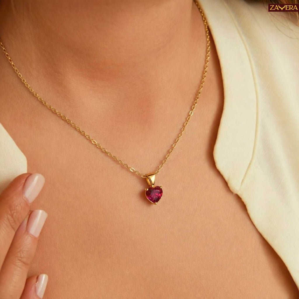 Zavera Dark Pink Heart Shape Crystal Pendant Gold Plated