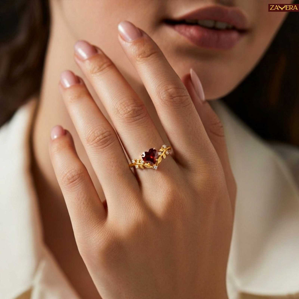Zavera Gold Plated Floral Heart  Stone Adjustable Ring
