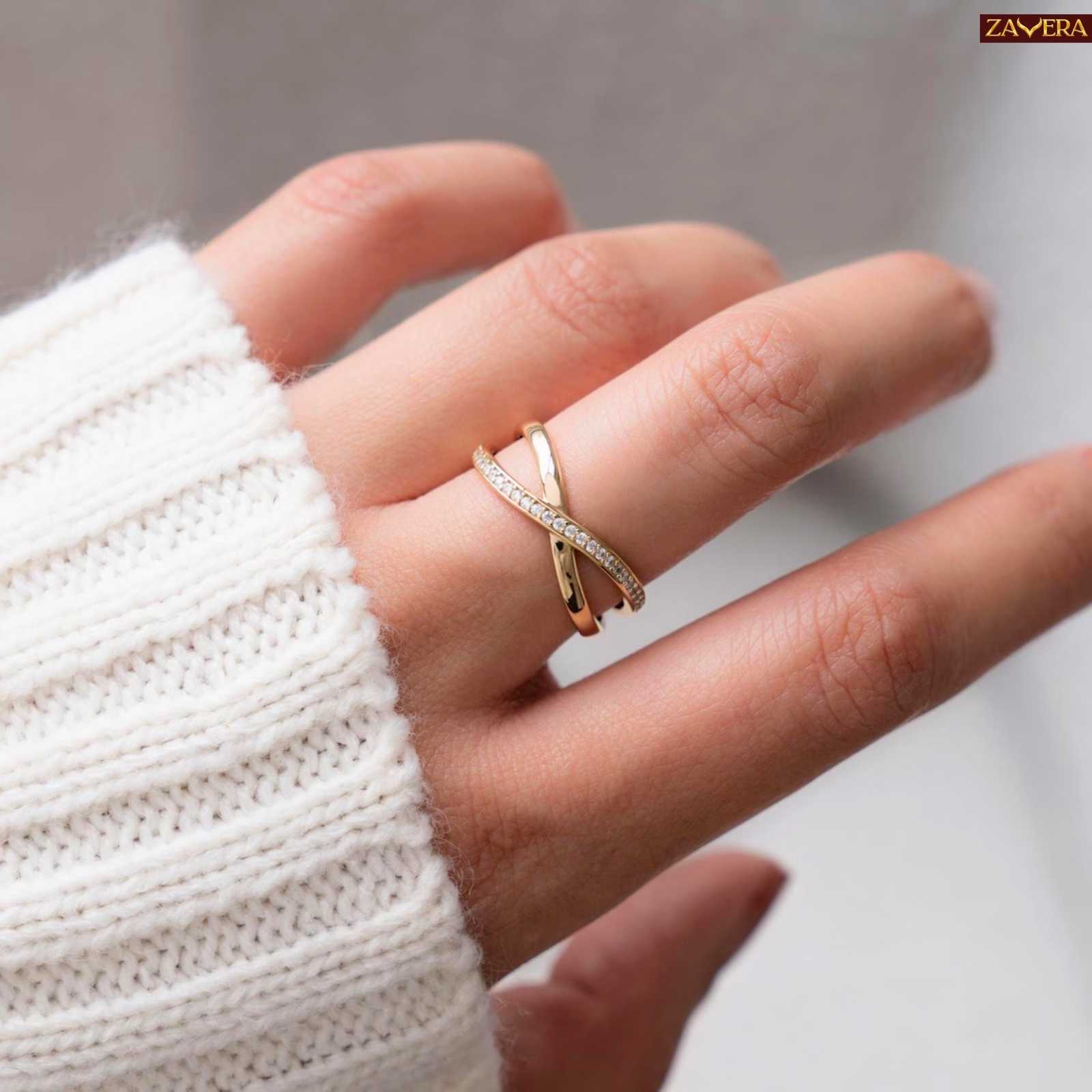 Zavera Gold Plated Criss Cross Stone Adjustable Ring