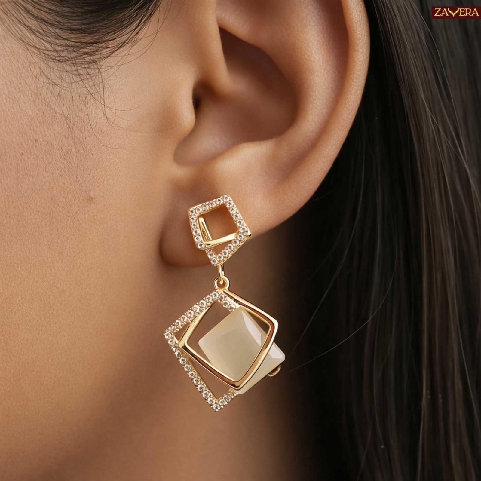 Geometric Crystal Square Gold Plated Drop Earrings For Women