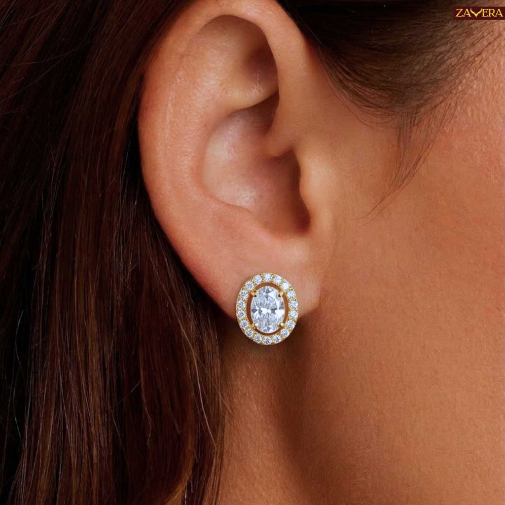 Zavera Gold Plated Round American Diamond Stud Earrings for Women