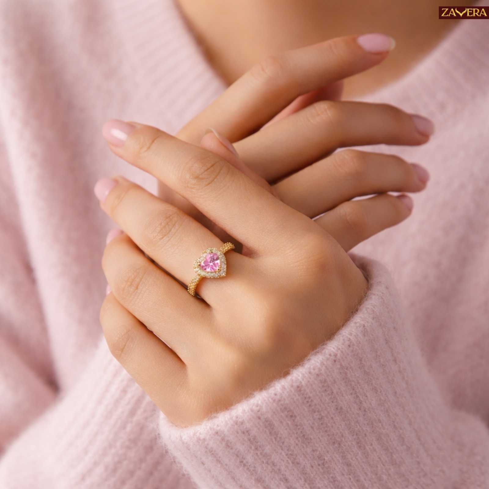 Zavera Gold Plated Pink Heart Adjustable Ring