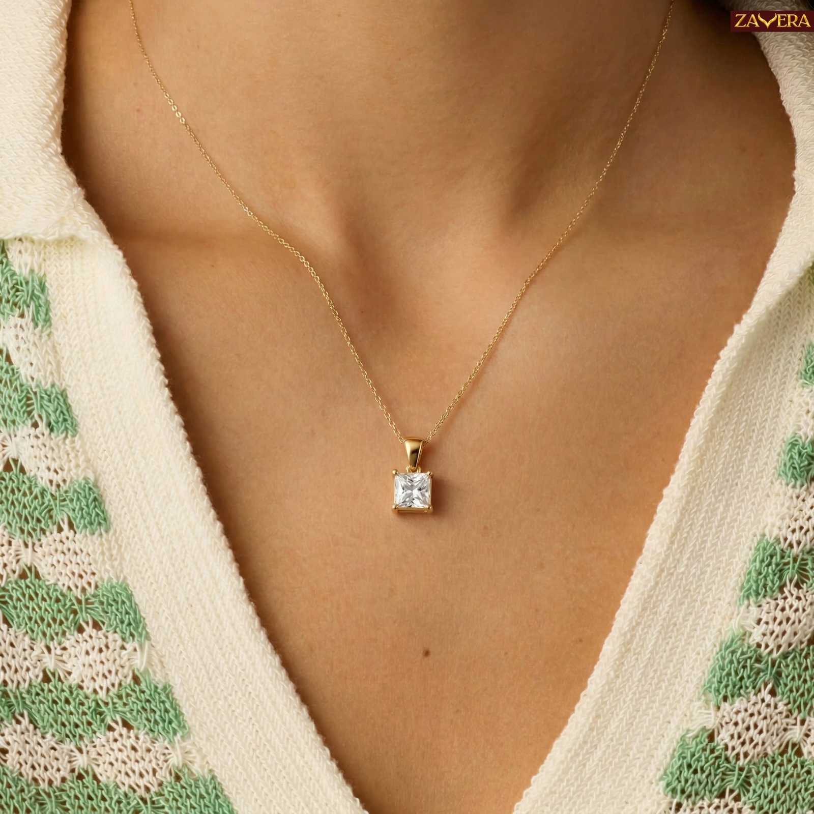 Zavera Square Solitaire Diamond Gold Plated Pendant