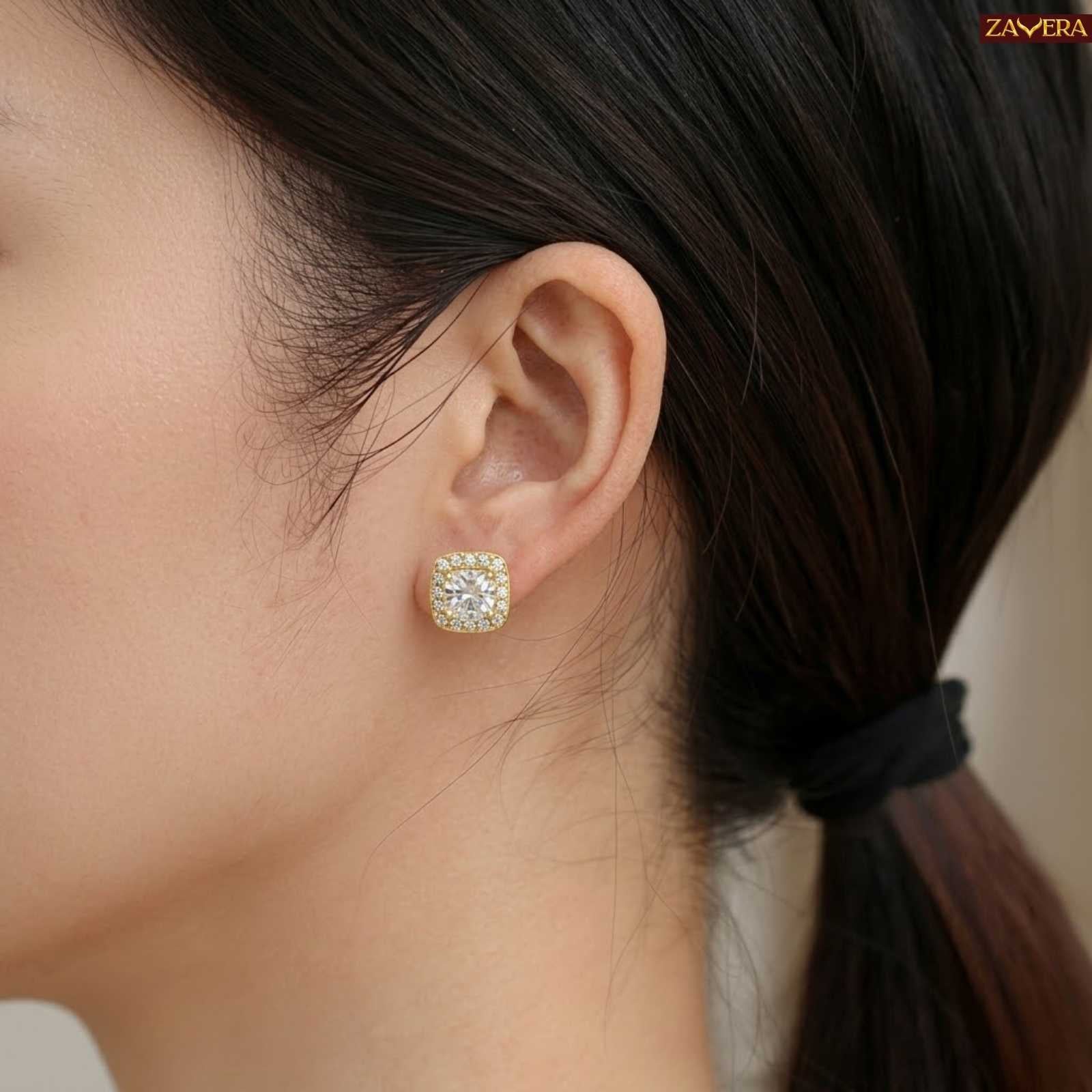 Zavera Square Halo Gold Plated Stud Earrings