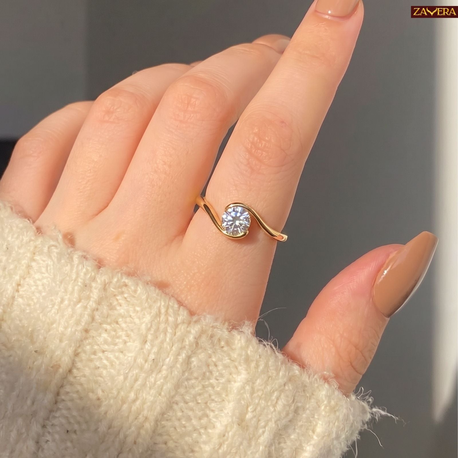 Zavera Brass 22K  Classic Twist Solitaire Gold Plated Ring For Women