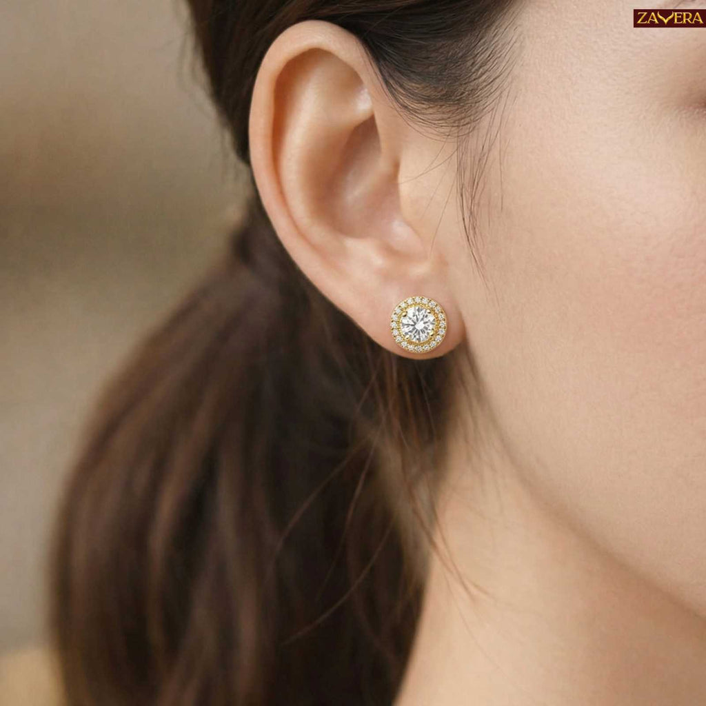 Zavera Round Halo Pendant with Earrings Set Gold Plated