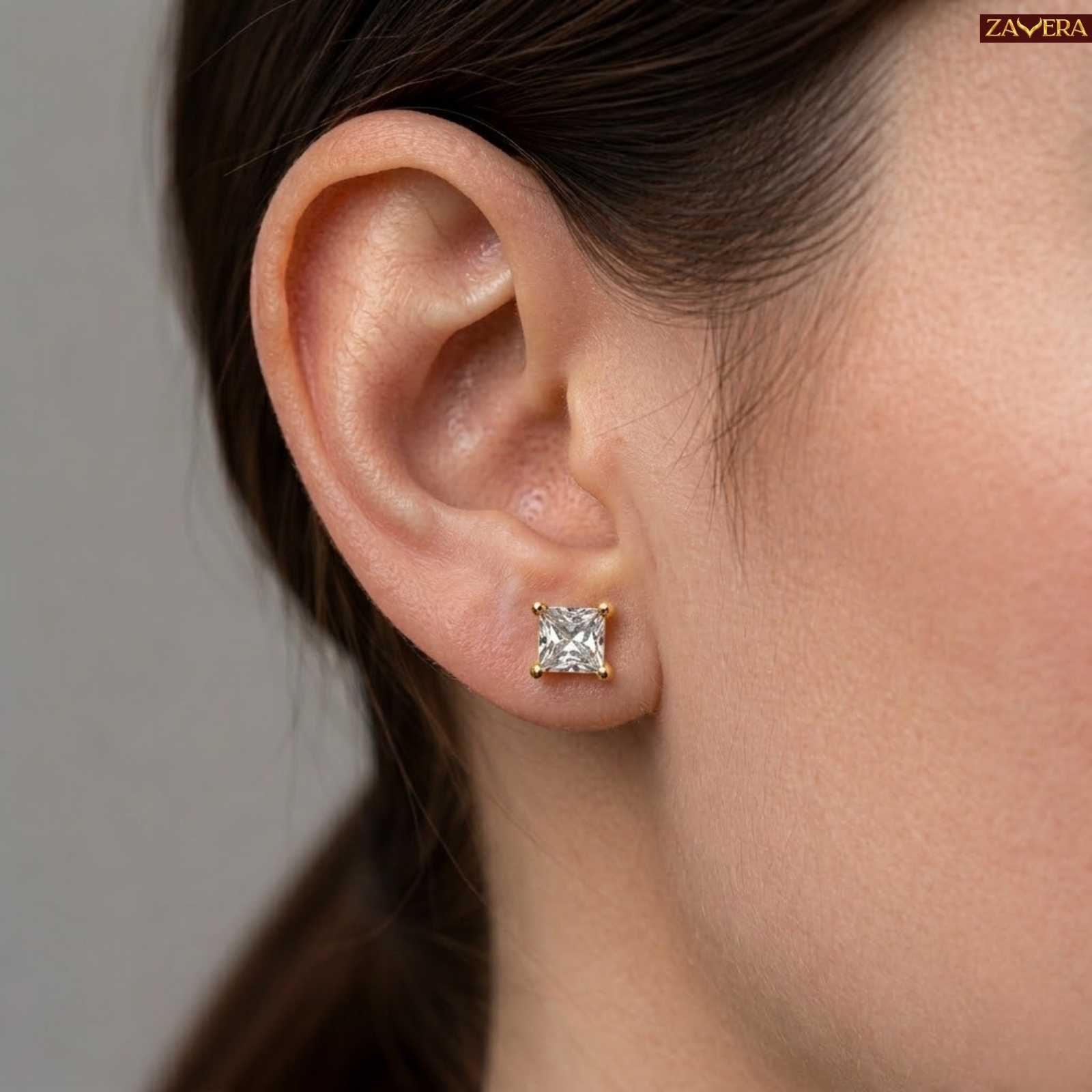 Zavera Square Solitaire Diamond Gold Plated Pendant Set with Earrings