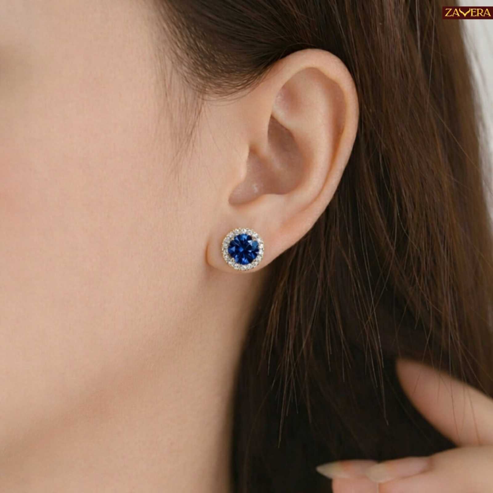 Zavera Blue Stone Halo Diamond Gold Plated Pendant Set with Earrings