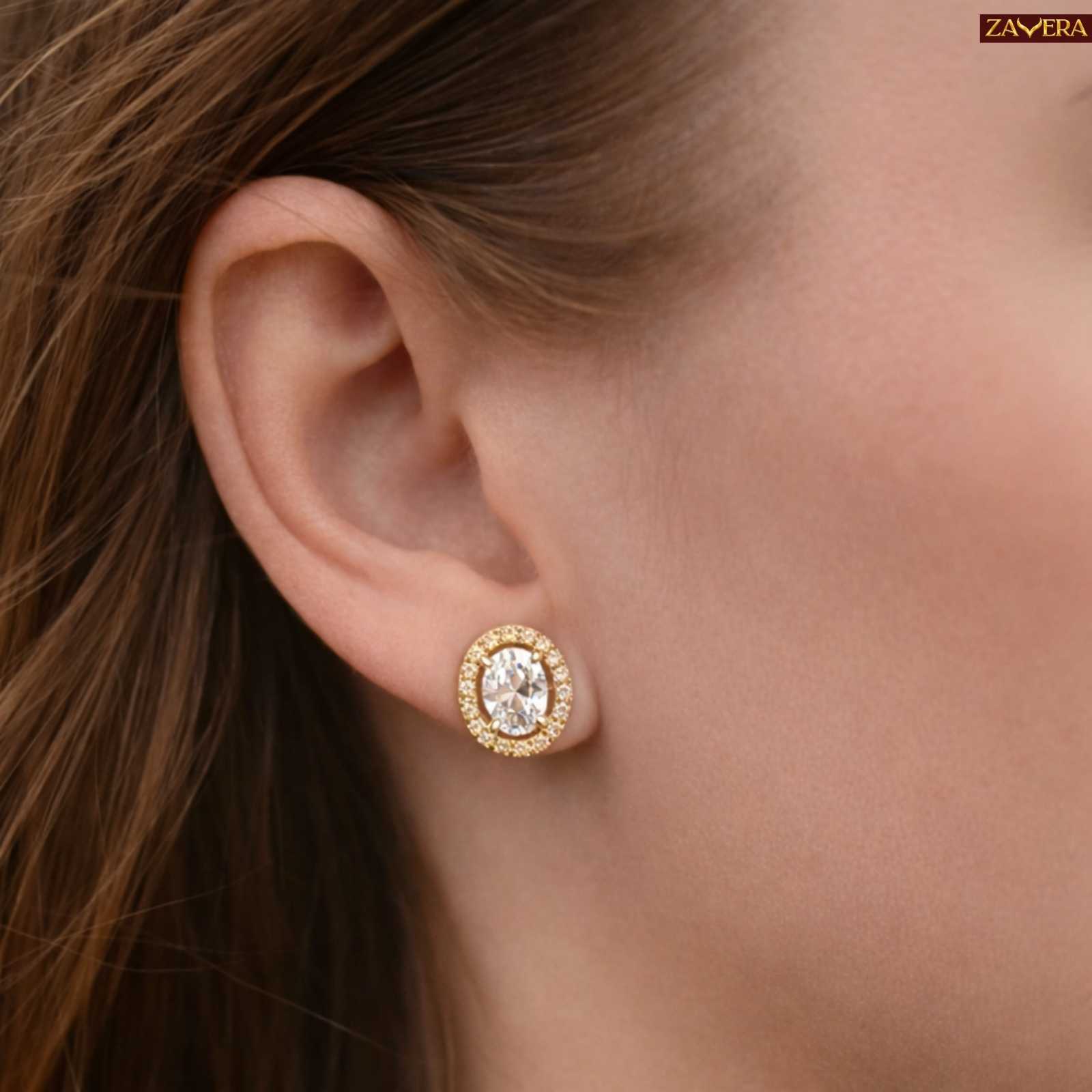 Zavera Gold Plated Oval Crystal Halo Pendant Set with Matching Earrings