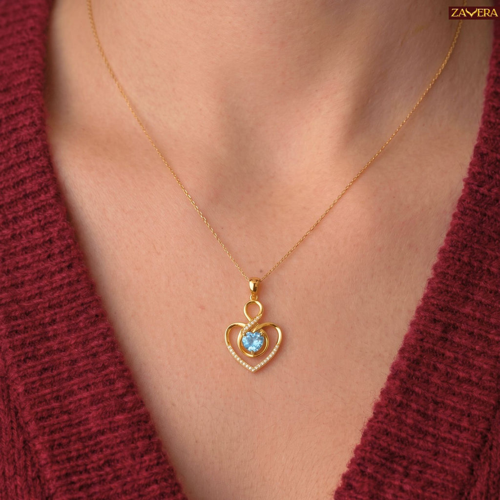 Zavera Gold Plated Blue Heart Crystal Pendant For Women