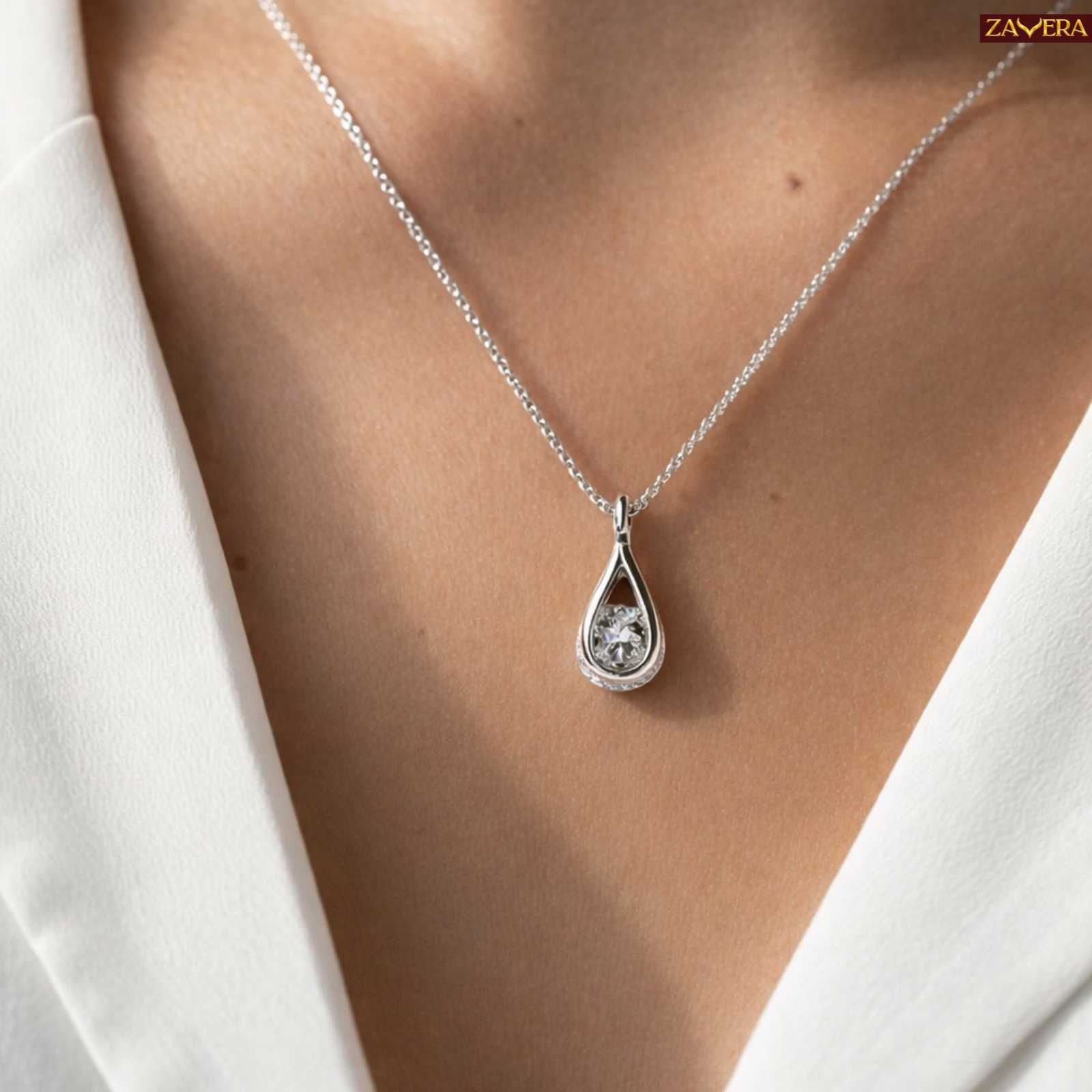 Silver Tone Teardrop American Diamond Pendant for Women