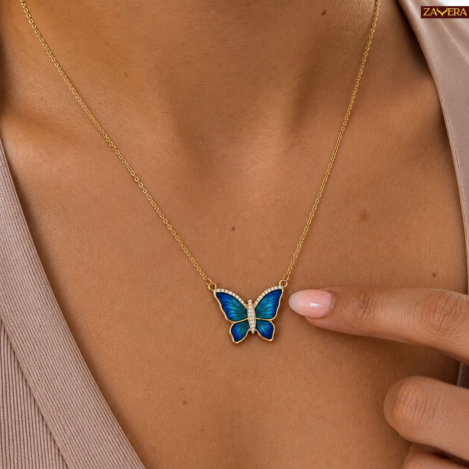 Zavera Gold Plated Blue Enamel Butterfly Pendant For Women