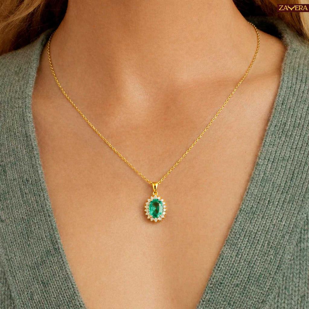 Zavera Gold Plated Emerald Oval Halo Pendant