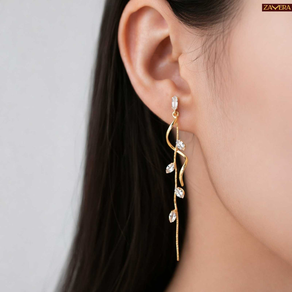 Leaf Vine Gold Plated Long Drop Earrings For Women