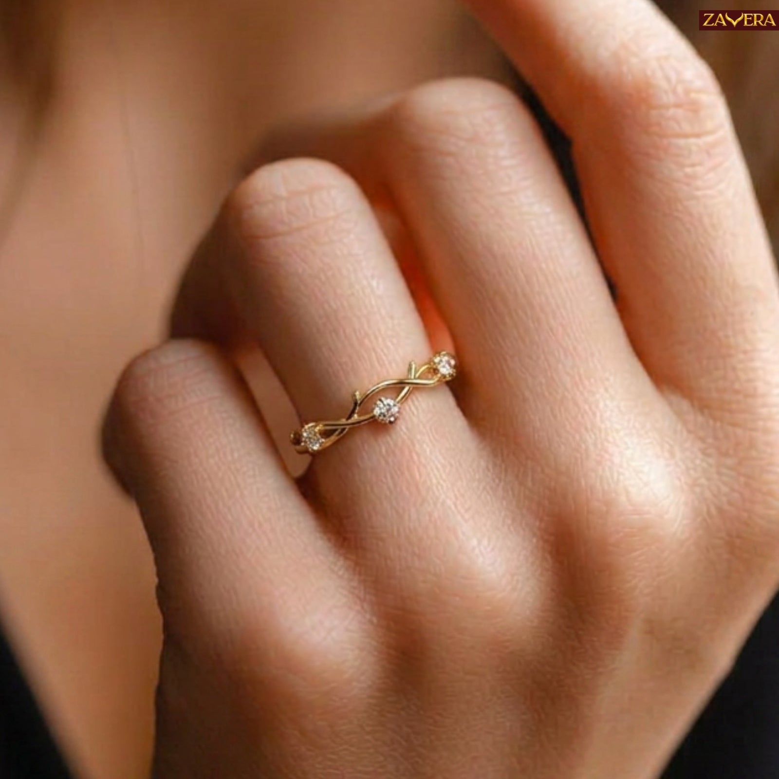 Zavera Brass 22K Twisted Vine Gold Plated Ring For Women