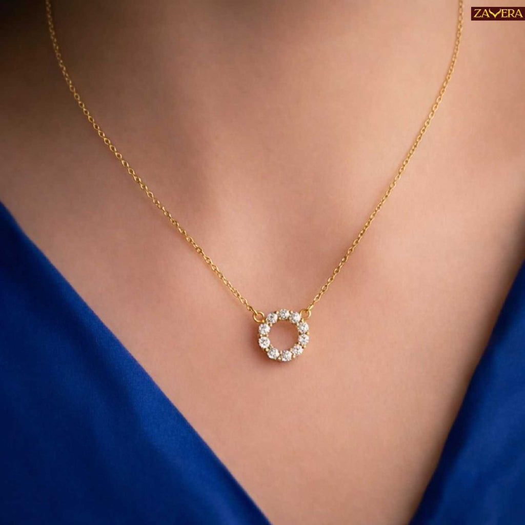 Gold Plated American Diamond Circle Pendant Necklace for Women