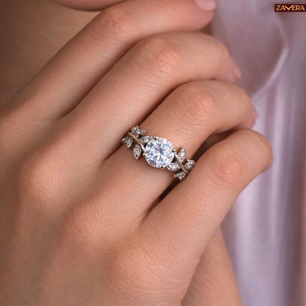 Zavera Silver Plated Leaf Vine Solitaire Adjustable Ring
